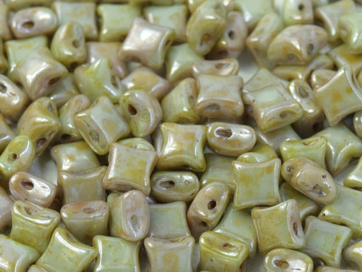 25 pcs WibeDuo® Beads, 8x8 mm,2-Hole, Czech Glass, Chalk White Green Luster