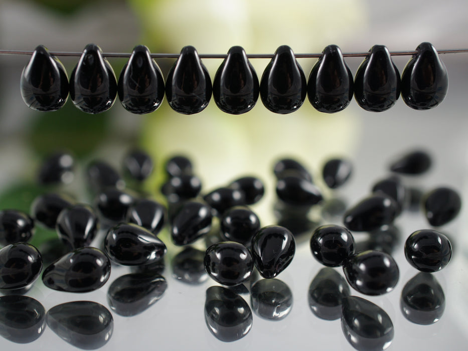 30 pcs Teardrop Glass Beads, 6x9mm, Jet Black, Czech Glass
