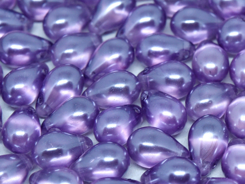 30 pcs Teardrop Glass Beads, 6x9mm, Semi Transparent Pearls Violet, Czech Glass