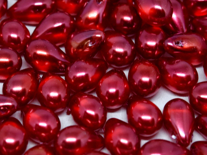 30 pcs Teardrop Glass Beads, 6x9mm, Semi Transparent Pearls Red, Czech Glass