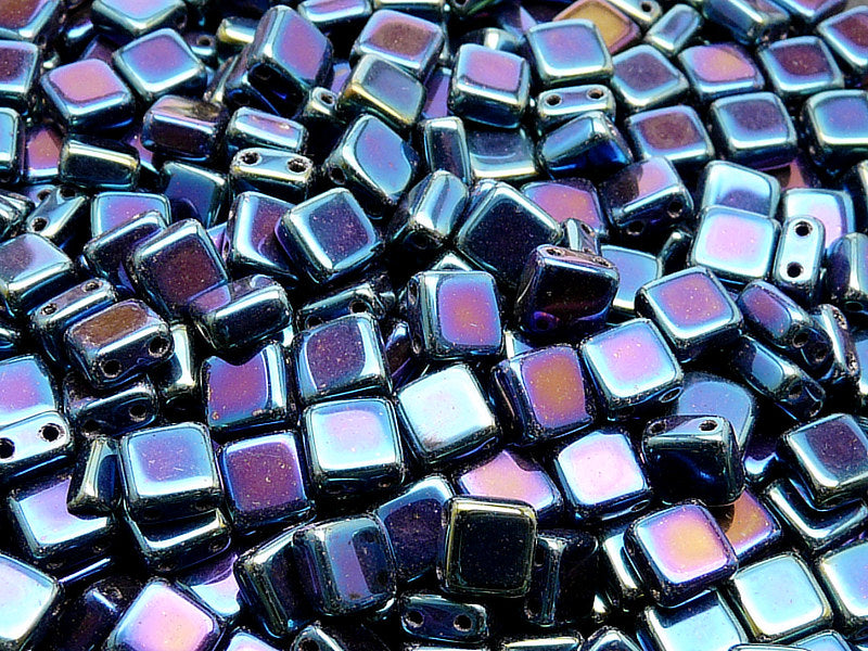 40 pcs 2-hole Tile Pressed Beads, 6x6x3mm, Jet Blue Iris, Czech Glass