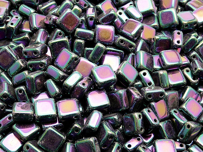 40 pcs 2-hole Tile Pressed Beads, 6x6x3mm, Jet Purple Iris, Czech Glass