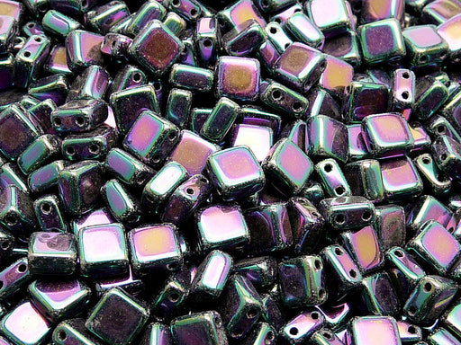 40 pcs 2-hole Tile Pressed Beads, 6x6x3mm, Jet Purple Iris, Czech Glass