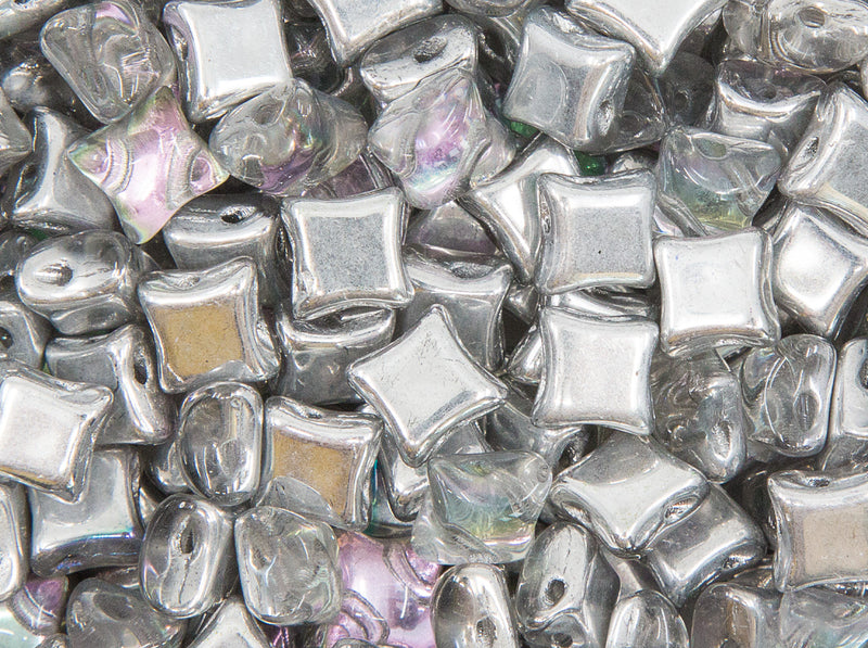 25 pcs WibeDuo® Beads 8x8 mm, 2 Holes, Crystal Pink Green Vitrail, Czech Glass
