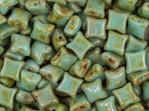 25 pcs WibeDuo® Beads 8x8 mm, 2 Holes, Opaque Turquoise Blue Travertine, Czech Glass