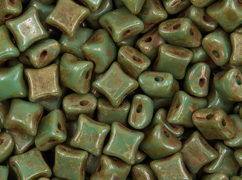 25 pcs WibeDuo® Beads 8x8 mm, 2 Holes, Opaque Turquoise Green Travertine, Czech Glass