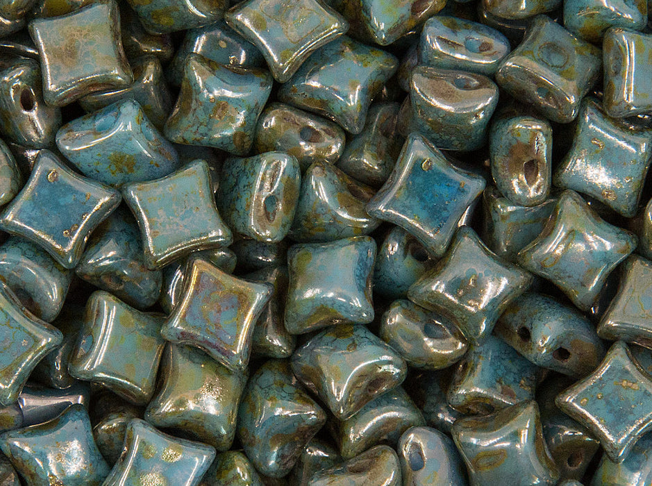 25 pcs WibeDuo® Beads 8x8 mm, 2 Holes, Opaque Turquoise Bronze, Czech Glass